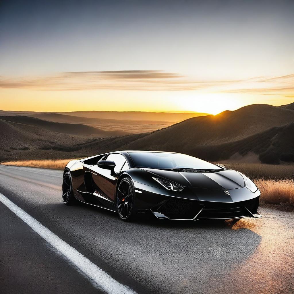 A sleek, black Lamborghini supercar with shiny reflective surface, parked on an open road under a vivid sunrise.