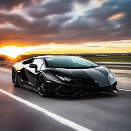 A sleek, black Lamborghini supercar with shiny reflective surface, parked on an open road under a vivid sunrise.