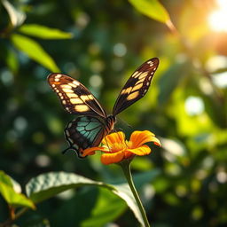 A stunning close-up photograph of a realistic butterfly perched delicately on a vibrant flower in a lush green jungle setting