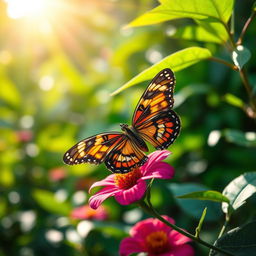 A stunning close-up photograph of a realistic butterfly perched delicately on a vibrant flower in a lush green jungle setting