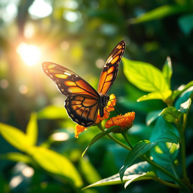 A stunning close-up photograph of a realistic butterfly perched delicately on a vibrant flower in a lush green jungle setting