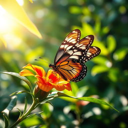 A stunning close-up photograph of a realistic butterfly perched delicately on a vibrant flower in a lush green jungle setting