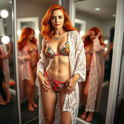 A captivating woman in her 40s modeling various outfits in a stylish dressing room