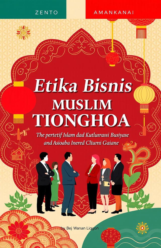 A visually engaging book cover design featuring the title 'Etika Bisnis Muslim Tionghoa: Perspektif Islam dan Akulturasi Budaya' prominently displayed in an elegant font