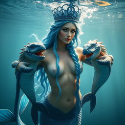 A beautiful Nordic mermaid queen with a majestic blue crown, elegant braided blue hair flowing gracefully in the water