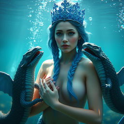 A beautiful Nordic mermaid queen with a majestic blue crown, elegant braided blue hair flowing gracefully in the water