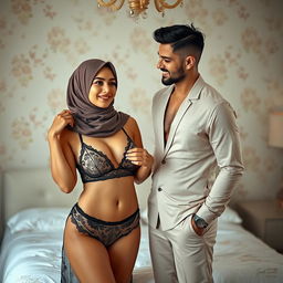 A stylish hijab-wearing woman confidently poses in an elegant lingerie set, showcasing her unique fashion sense