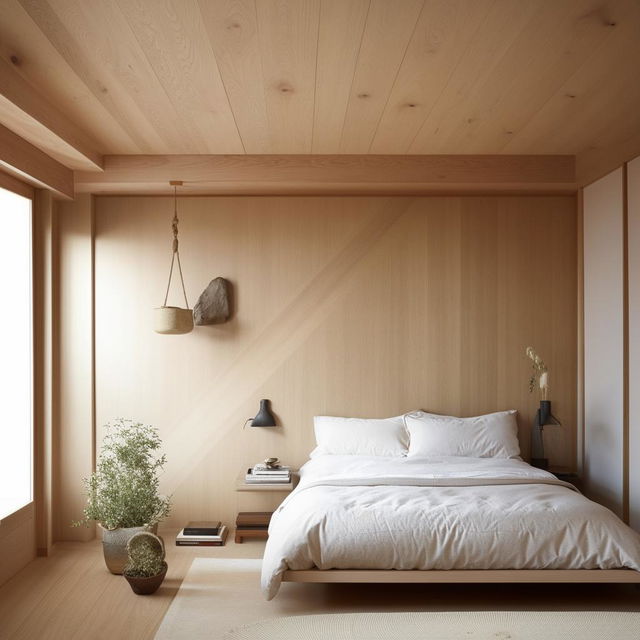 A serene and minimalist bedroom featuring Japandi style interiors, with concepts of Scandinavian and Japanese aesthetics. Harmonious blend of light wooden accents, neutral color palettes, organic textures, and indoor greenery creates a tranquil space.