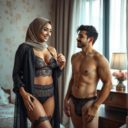 A stylish hijab-wearing woman confidently poses in an elegant lingerie set, showcasing her unique fashion sense
