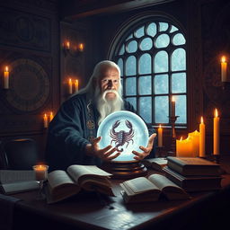 A mystical scene featuring Nostradamus, the famous seer, in a dimly lit, candle-filled room filled with ancient astrological charts and scrolls