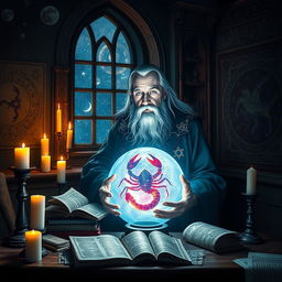 A mystical scene featuring Nostradamus, the famous seer, in a dimly lit, candle-filled room filled with ancient astrological charts and scrolls