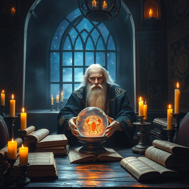 A mystical scene featuring Nostradamus, the famous seer, in a dimly lit, candle-filled room filled with ancient astrological charts and scrolls