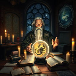 A mystical scene featuring Nostradamus, the famous seer, in a dimly lit, candle-filled room filled with ancient astrological charts and scrolls