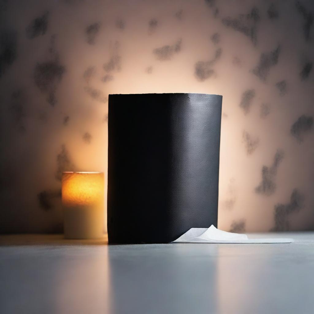 Create a dramatic and eerie ambiance, featuring a roll of toilet paper under dim lighting with the hint of mysterious shadows and a sense of impending unease