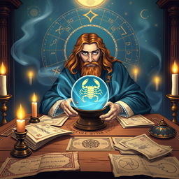 An illustrated scene depicting Nostradamus, the famous astrologer, seated at a grand wooden table cluttered with celestial charts and ancient scrolls