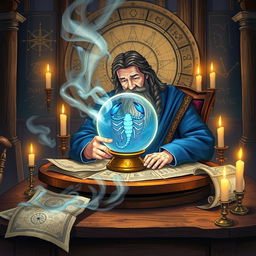 An illustrated scene depicting Nostradamus, the famous astrologer, seated at a grand wooden table cluttered with celestial charts and ancient scrolls
