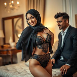 A fashionable hijab-wearing woman exudes confidence as she showcases a stylish lingerie set, playfully revealing her silhouette in a soft, elegantly decorated room