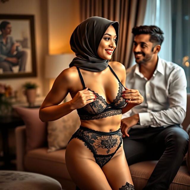 A fashionable hijab-wearing woman exudes confidence as she showcases a stylish lingerie set, playfully revealing her silhouette in a soft, elegantly decorated room