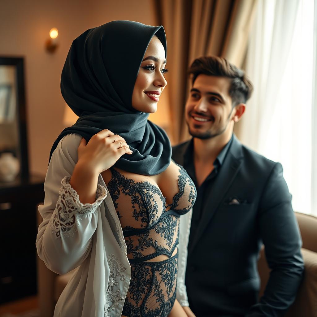 A fashionable hijab-wearing woman exudes confidence as she showcases a stylish lingerie set, playfully revealing her silhouette in a soft, elegantly decorated room