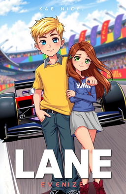 A book cover featuring a tall blond boy with a short middle-part hairstyle and striking blue eyes, casually standing with his arm around the hip of a girl with long flowing brown hair and captivating green eyes
