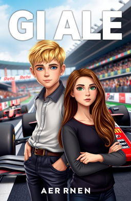 A book cover featuring a tall blond boy with a short middle-part hairstyle and striking blue eyes, casually standing with his arm around the hip of a girl with long flowing brown hair and captivating green eyes