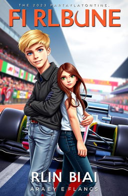 A book cover featuring a tall blond boy with a short middle-part hairstyle and striking blue eyes, casually standing with his arm around the hip of a girl with long flowing brown hair and captivating green eyes