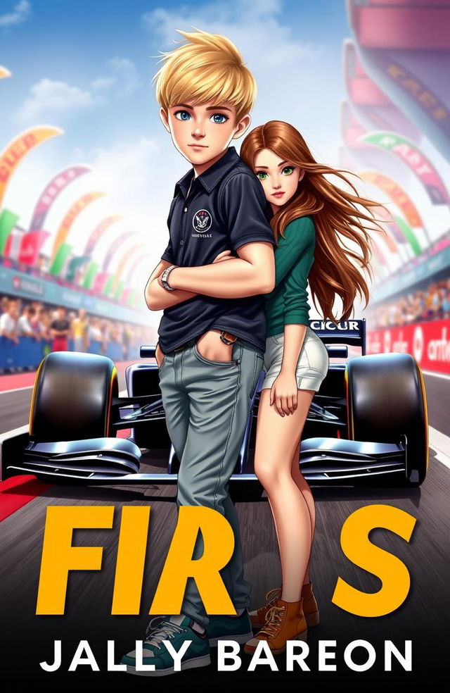 A book cover featuring a tall blond boy with a short middle-part hairstyle and striking blue eyes, casually standing with his arm around the hip of a girl with long flowing brown hair and captivating green eyes