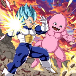 A dynamic and intense scene depicting Vegeta from Dragon Ball engaged in an epic fight with Majin Buu