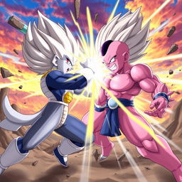 A dynamic and intense scene depicting Vegeta from Dragon Ball engaged in an epic fight with Majin Buu