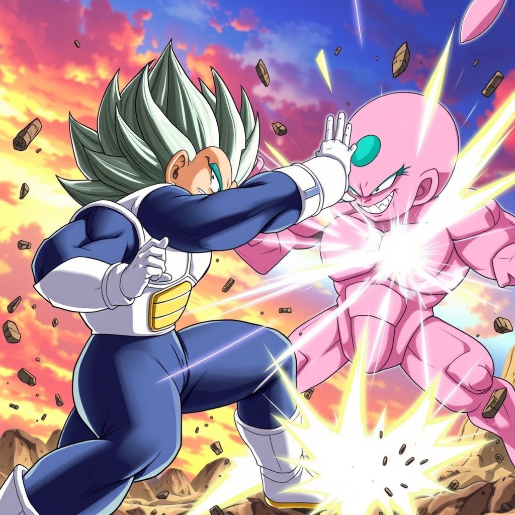 A dynamic and intense scene depicting Vegeta from Dragon Ball engaged in an epic fight with Majin Buu