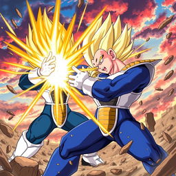 A dynamic and intense scene depicting Vegeta from Dragon Ball engaged in an epic fight with Majin Buu