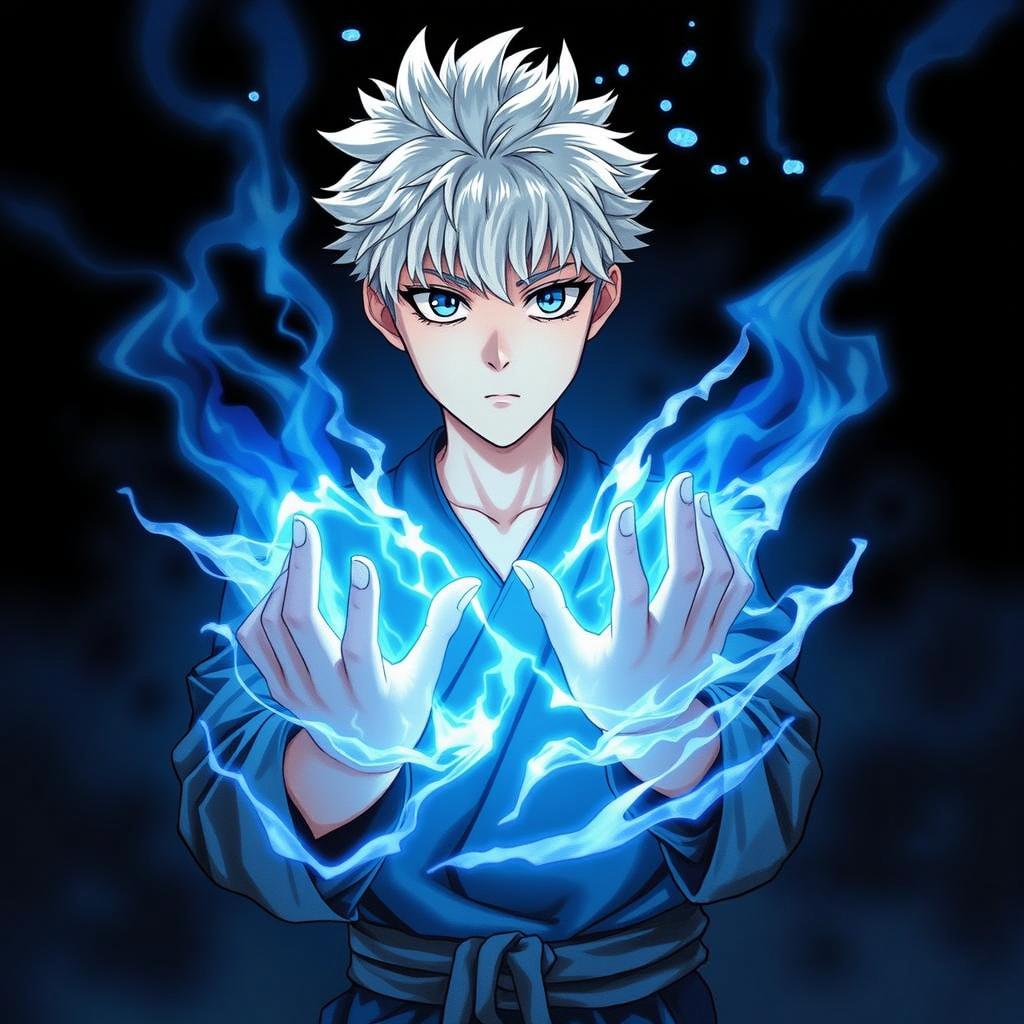 An inspiring isekai manga scene featuring a young character with striking silver hair and bright blue eyes, wearing a traditional blue robe