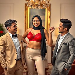 A confident hijab-wearing woman in a striking red bra stands proudly in the center of an elegantly decorated room, exuding glamour and allure