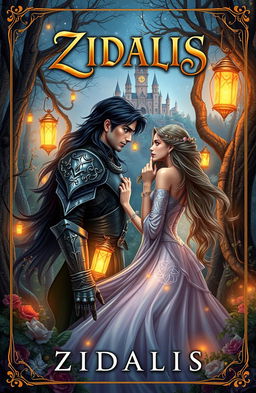 A captivating fantasy book cover for a novel titled 'ZIDALIS', featuring two star-crossed lovers in a magical forest setting