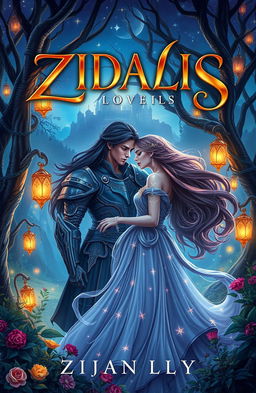 A captivating fantasy book cover for a novel titled 'ZIDALIS', featuring two star-crossed lovers in a magical forest setting