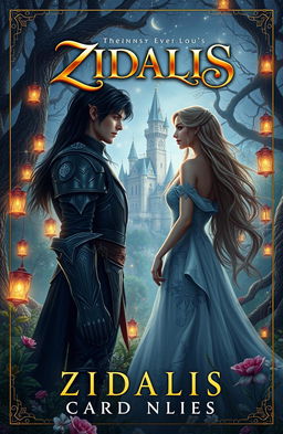 A captivating fantasy book cover for a novel titled 'ZIDALIS', featuring two star-crossed lovers in a magical forest setting