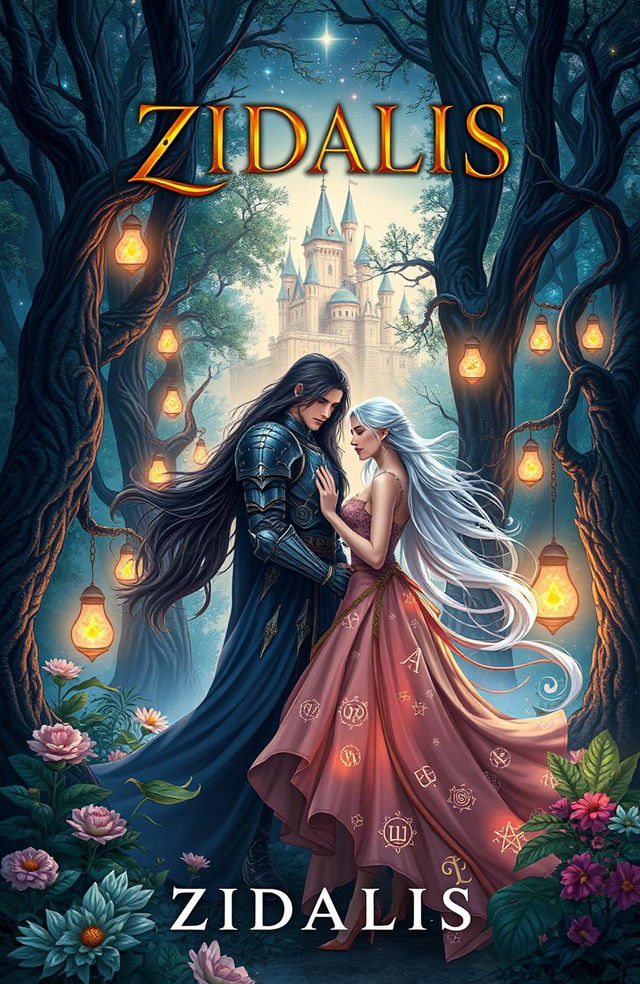 A captivating fantasy book cover for a novel titled 'ZIDALIS', featuring two star-crossed lovers in a magical forest setting