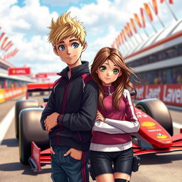 A scene depicting a tall blond boy with a short middle-part hairstyle and captivating blue eyes, confidently standing with his arm around the hip of a girl who has long, wind-swept brown hair and striking green eyes