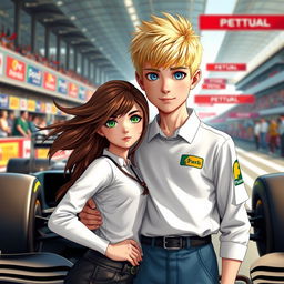 A scene depicting a tall blond boy with a short middle-part hairstyle and captivating blue eyes, confidently standing with his arm around the hip of a girl who has long, wind-swept brown hair and striking green eyes
