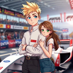 A scene depicting a tall blond boy with a short middle-part hairstyle and captivating blue eyes, confidently standing with his arm around the hip of a girl who has long, wind-swept brown hair and striking green eyes