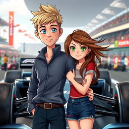 A scene depicting a tall blond boy with a short middle-part hairstyle and captivating blue eyes, confidently standing with his arm around the hip of a girl who has long, wind-swept brown hair and striking green eyes