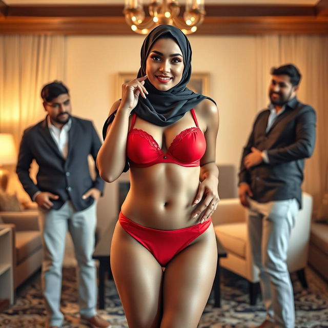 A confident hijab-wearing woman dons a striking red bra and matching red underwear, standing at the center of a stylish, well-decorated room