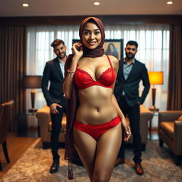 A confident hijab-wearing woman dons a striking red bra and matching red underwear, standing at the center of a stylish, well-decorated room