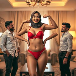 A confident hijab-wearing woman dons a striking red bra and matching red underwear, standing at the center of a stylish, well-decorated room