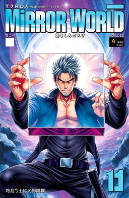 A captivating manga cover showcasing a powerful man in an intense pose, holding a levitating mirror cube