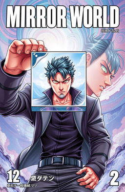 A captivating manga cover showcasing a powerful man in an intense pose, holding a levitating mirror cube