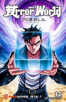 A captivating manga cover showcasing a powerful man in an intense pose, holding a levitating mirror cube