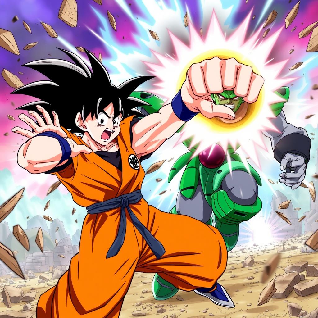 A powerful action scene from Dragon Ball Super, featuring Goku receiving a massive right hook from Broly