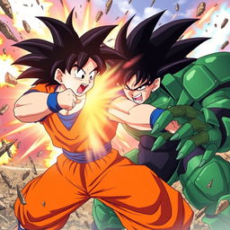 A powerful action scene from Dragon Ball Super, featuring Goku receiving a massive right hook from Broly
