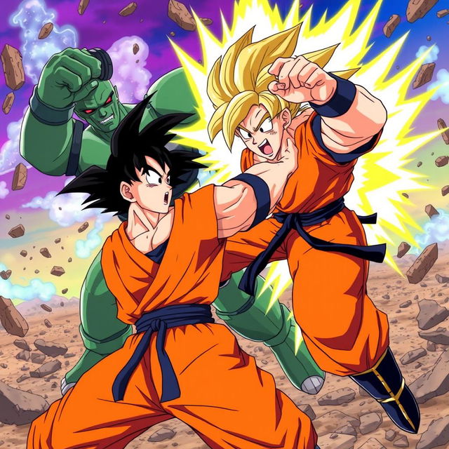 A powerful action scene from Dragon Ball Super, featuring Goku receiving a massive right hook from Broly